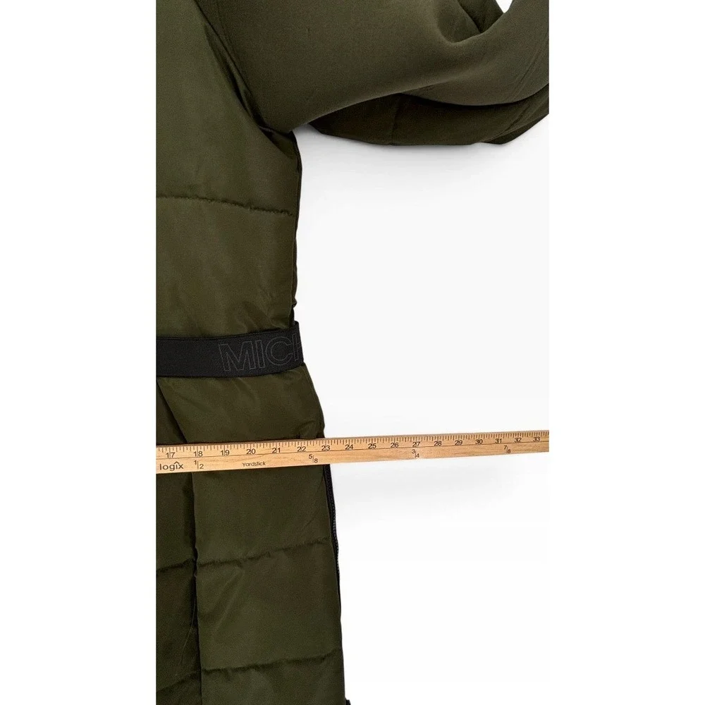 Michael Kors Puffer Parka Women Large Olive Green Belted Faux Fur Hood